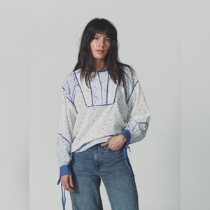 NWT The Shirt Rochelle Behrens The Rebecca Cottagecore Shirt White Blue Large